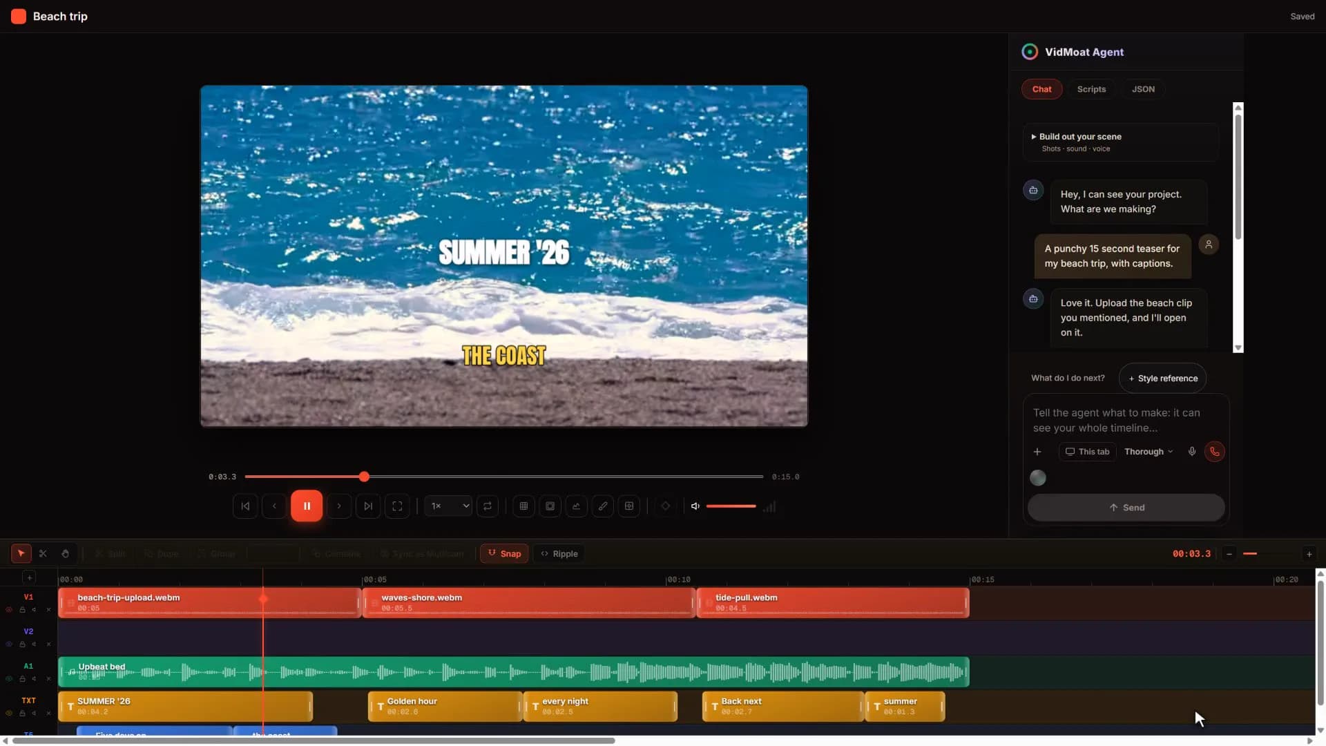 The Vidmoat editor: a beach teaser in the preview, the agent chat on the right, and video, music and caption clips on the timeline.