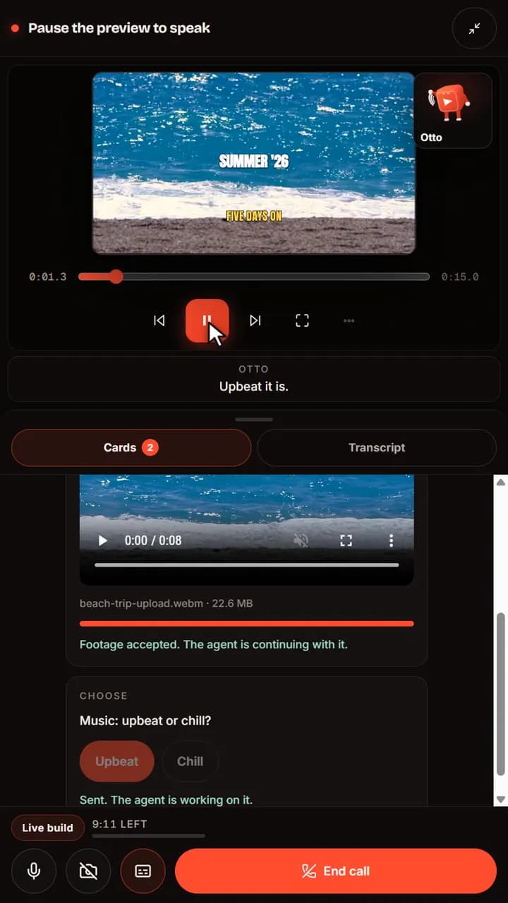 A live call on a phone: the preview with captions, Otto, and a card asking whether the music should be upbeat or chill.